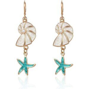 Dangle Gold Starfish Seahorse Shell Starfish with Pearl Turquoise Earrings